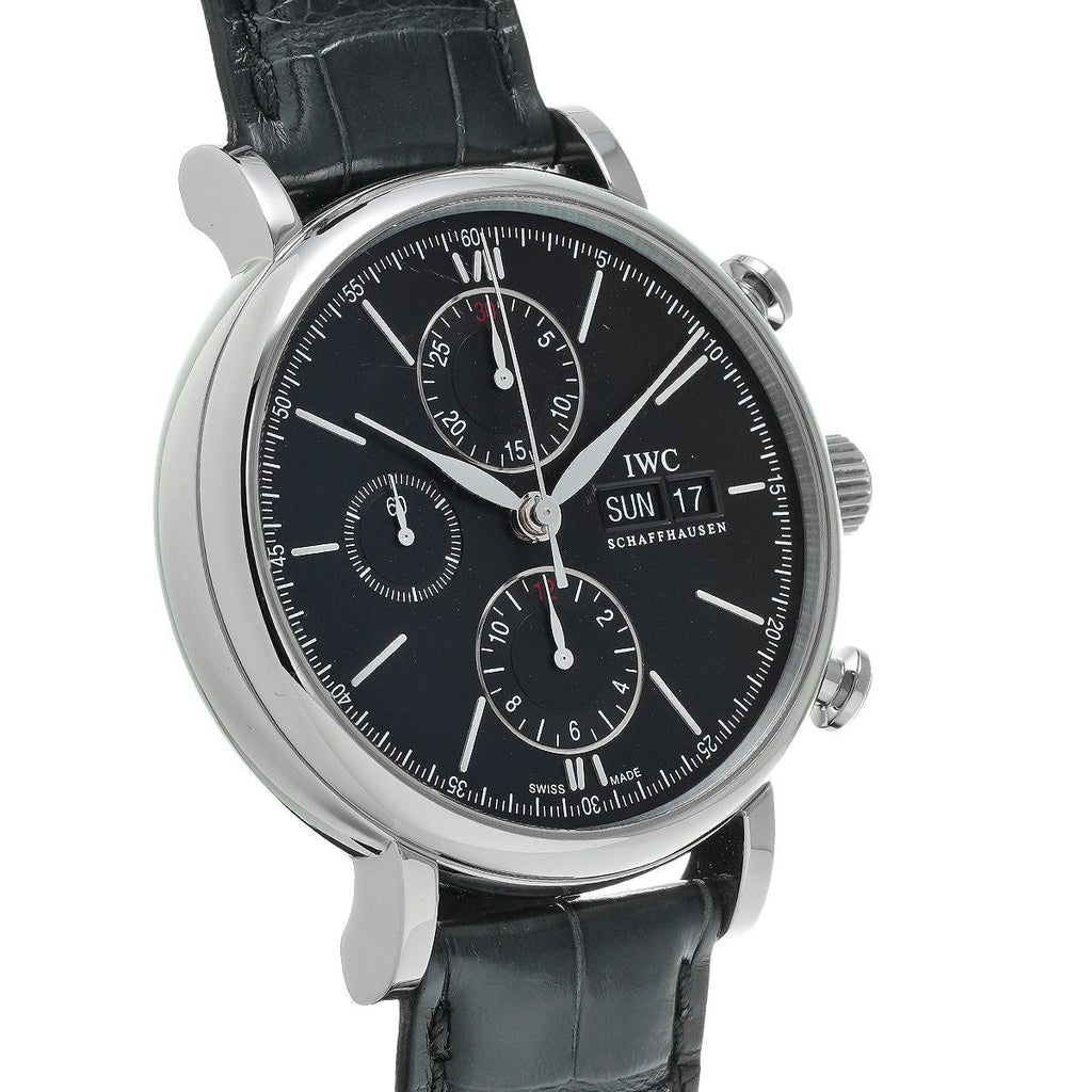 IWC Portofino Chronograph Black Dial Black Leather Strap Watch For Men - IW391029