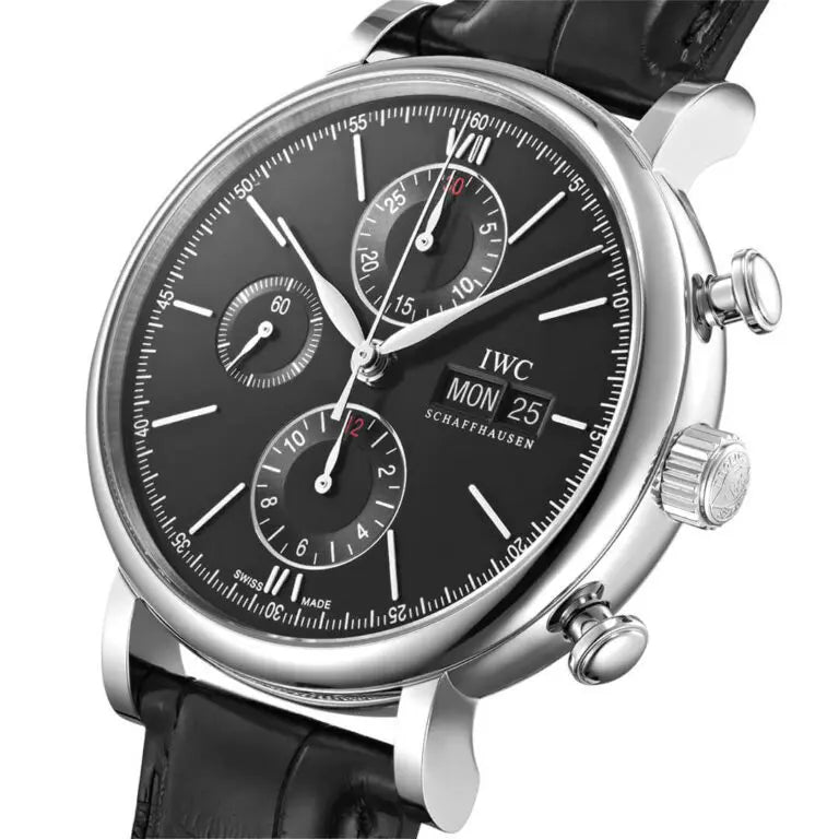 IWC Portofino Chronograph Black Dial Black Leather Strap Watch For Men - IW391029