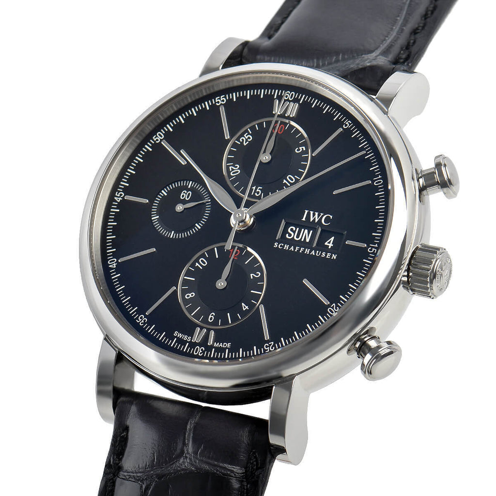 IWC Portofino Chronograph Black Dial Black Leather Strap Watch For Men - IW391029