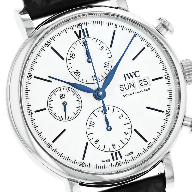 IWC Portofino Chronograph White Dial Black Leather Strap Watch For Men - IW391024