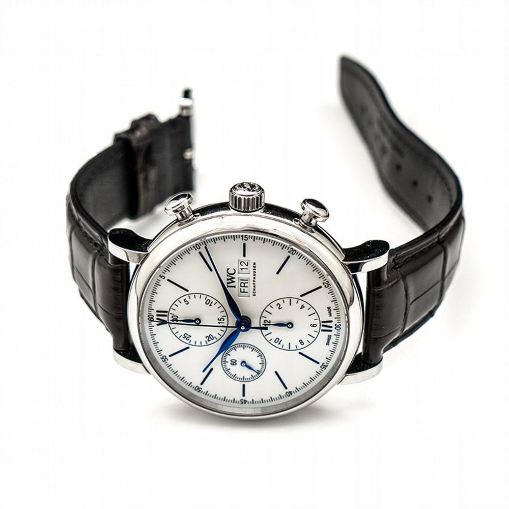 IWC Portofino Chronograph White Dial Black Leather Strap Watch For Men - IW391024