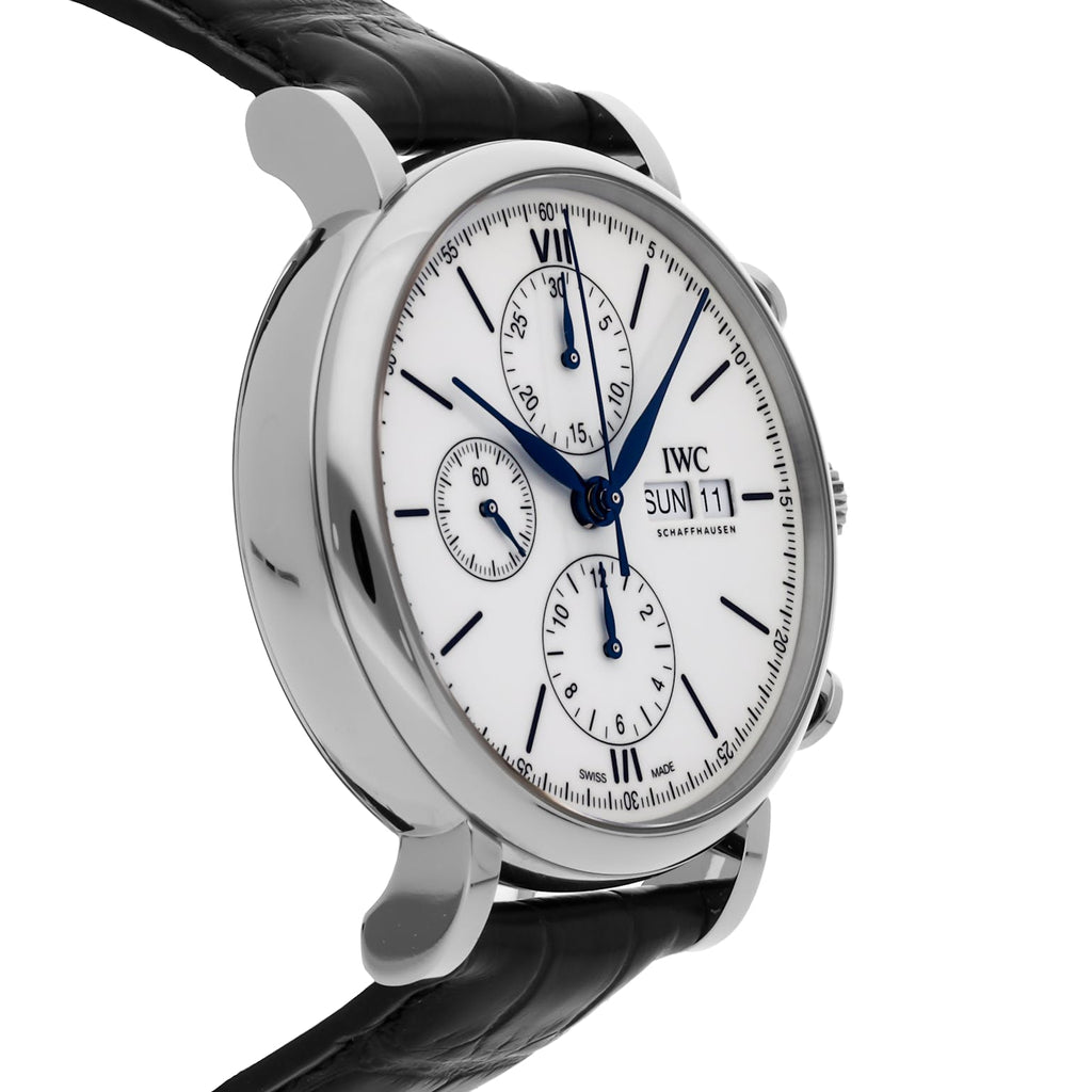 IWC Portofino Chronograph White Dial Black Leather Strap Watch For Men - IW391024