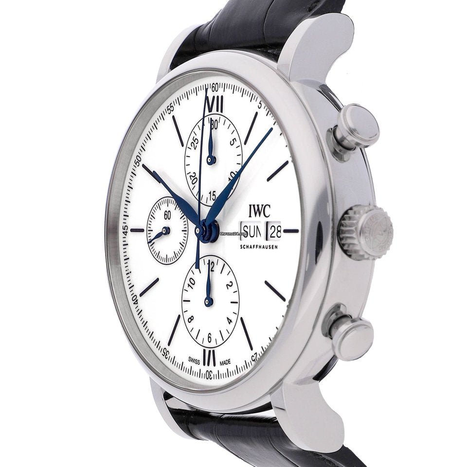 IWC Portofino Chronograph White Dial Black Leather Strap Watch For Men - IW391024