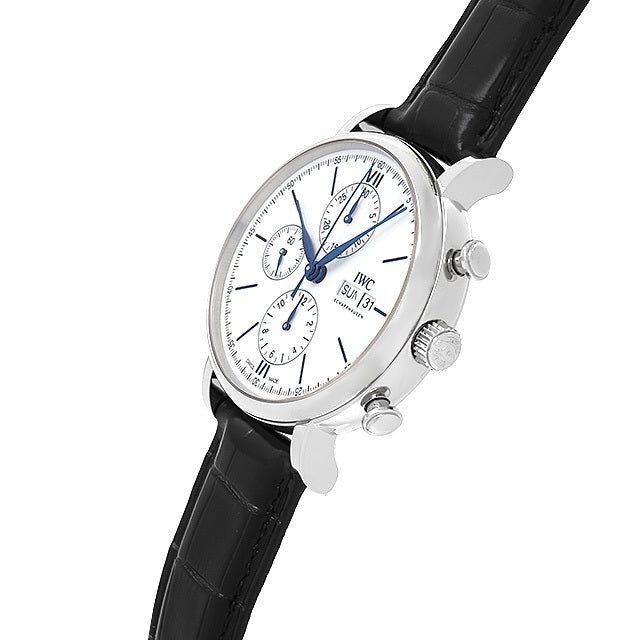 IWC Portofino Chronograph White Dial Black Leather Strap Watch For Men - IW391024