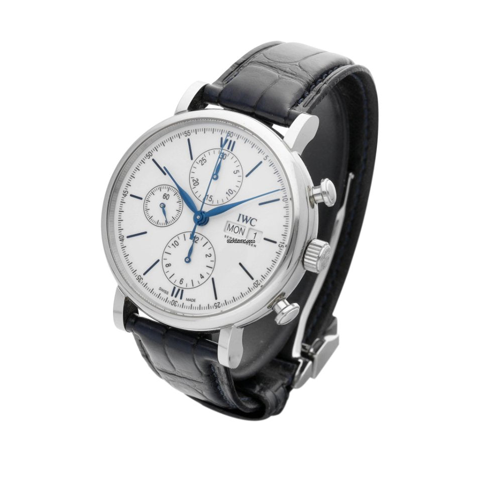 IWC Portofino Chronograph White Dial Black Leather Strap Watch For Men - IW391024