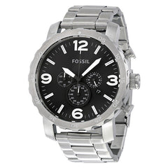 Fossil Nate Chronograph Black Dial Silver Steel Strap Watch for Men - JR1353 Watches Fossil   