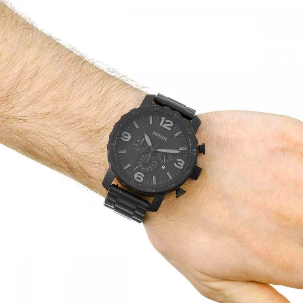 Fossil Nate Chronograph Black Dial Black Steel Strap Watch for Men - JR1401 Watches Fossil   