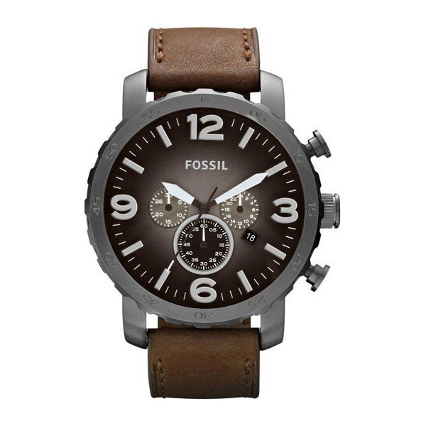 Fossil Nate Chronograph Grey Dial Brown Leather Strap Watch for Men - JR1424 Watches Fossil   