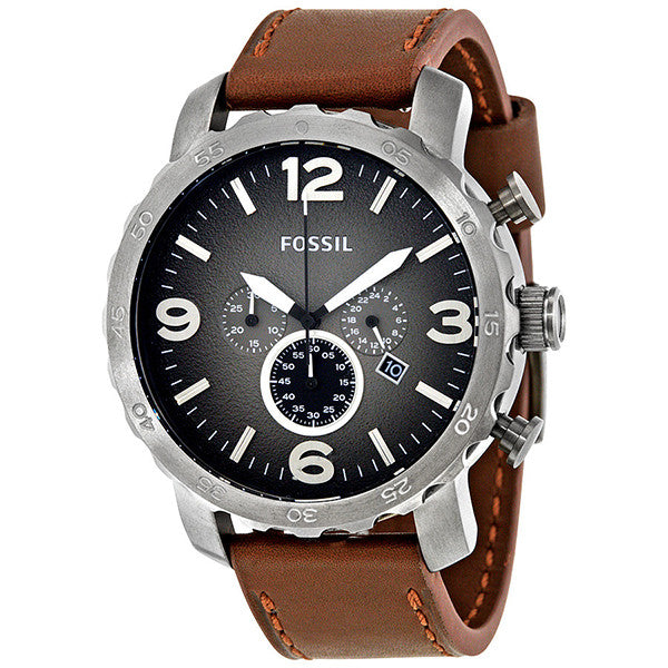 Fossil Nate Chronograph Grey Dial Brown Leather Strap Watch for Men - JR1424 Watches Fossil   