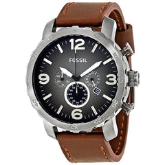 Fossil Nate Chronograph Grey Dial Brown Leather Strap Watch for Men - JR1424 Watches Fossil   