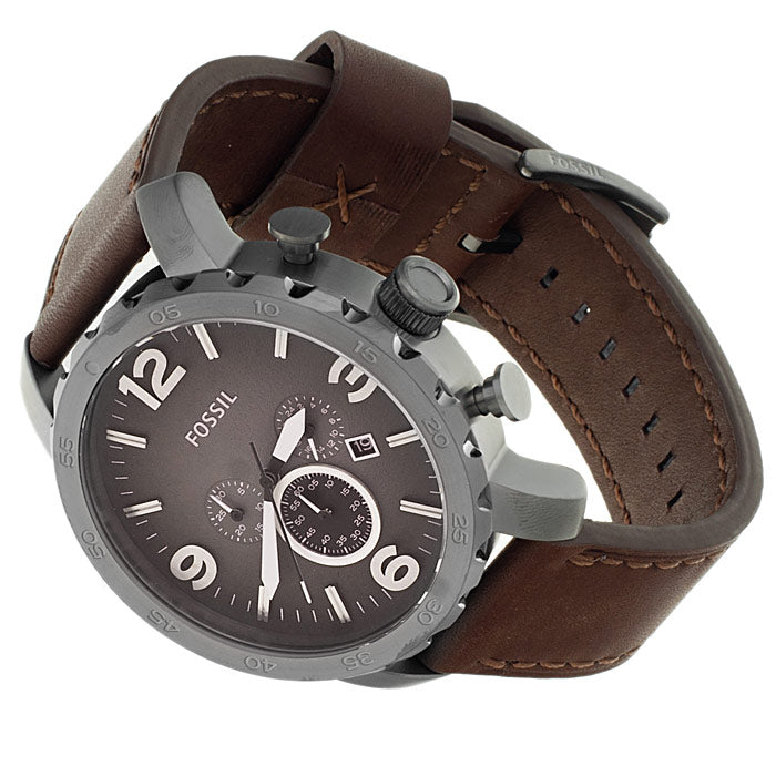 Fossil Nate Chronograph Grey Dial Brown Leather Strap Watch for Men - JR1424 Watches Fossil   
