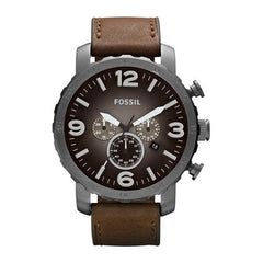 Fossil Nate Chronograph Grey Dial Brown Leather Strap Watch for Men - JR1424 Watches Fossil   
