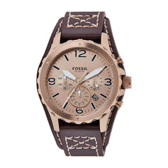 Fossil Nate Chronograph Gold Dial Brown Leather Strap Watch for Men - JR1495 Watches Fossil   