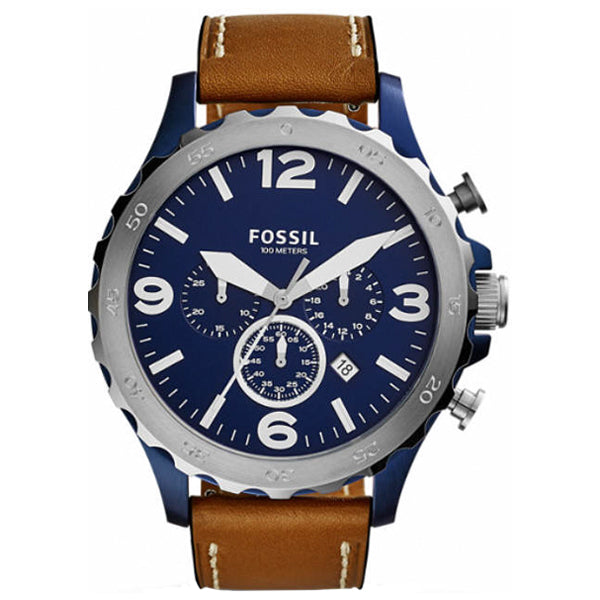 Fossil Nate Chronograph Navy Blue Dial Brown Leather Strap Watch for Men - JR1504 Watches Fossil   