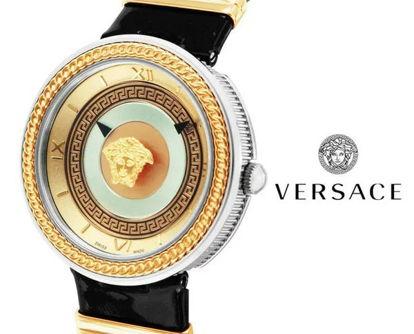 Versace V Metal Icon Gold Dial Black & Silver & Gold Strap Watch for Women - VLC020014 Watches Versace   