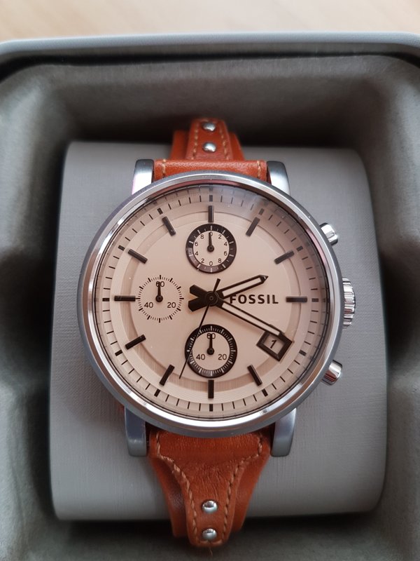 Fossil Original Boyfriend Sport Chronograph Beige Dial Brown Leather Strap Watch for Women - ES4046 Watches Fossil   