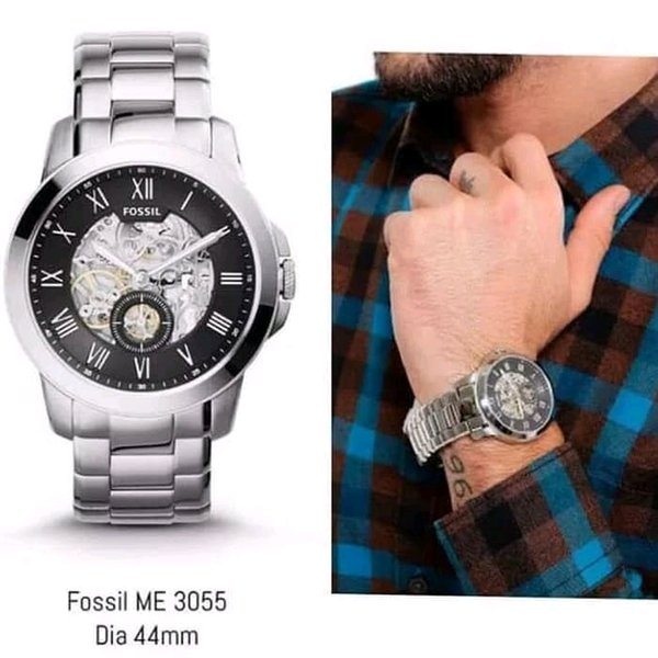 Fossil Grant Skeleton Black Dial Silver Steel Strap Watch for Men - ME3055 Watches Fossil   