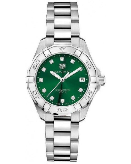 Tag Heuer Aquaracer Quartz 32mm Emerald Green Dial Silver Steel Strap Watch for Women - WBD1316.BA0740 Watches Tag Heuer   