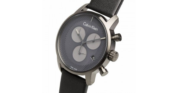 Calvin Klein City Chronograph Grey Dial Black Leather Strap Watch for Men - K2G177C3 Watches Calvin Klein   