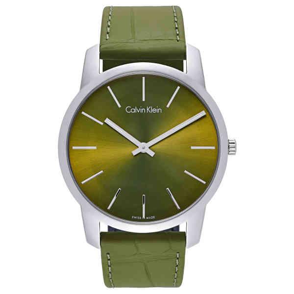 Calvin Klein City Green Dial Green Leather Strap Watch for Men - K2G211WL Watches Calvin Klein   