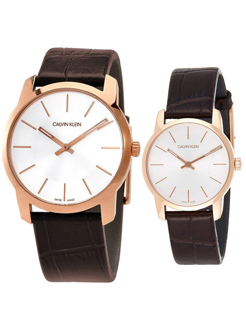 Calvin Klein City White Mother of Pearl Dial Brown Leather Strap Watch for Women - K2G23620 Watches Calvin Klein   