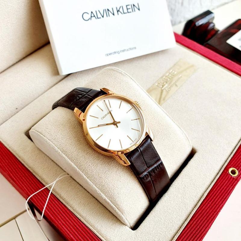 Calvin Klein City White Mother of Pearl Dial Brown Leather Strap Watch for Women - K2G23620 Watches Calvin Klein   