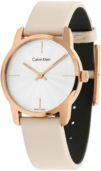 Calvin Klein City Silver Dial White Leather Strap Watch for Women - K2G236X6 Watches Calvin Klein   