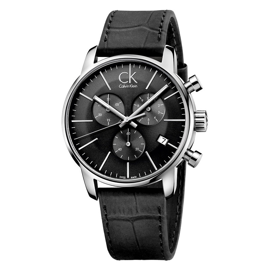 Calvin Klein City Chronograph Black Dial Black Leather Strap Watch for Men - K2G271C3 Watches Calvin Klein   