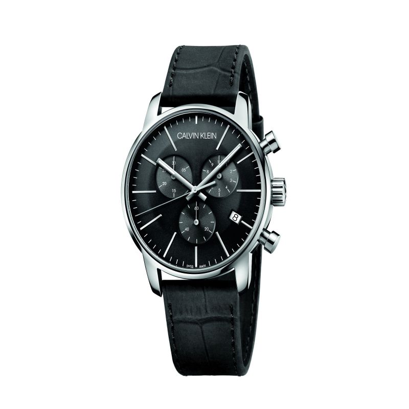 Calvin Klein City Chronograph Black Dial Black Leather Strap Watch for Men - K2G271C3 Watches Calvin Klein   