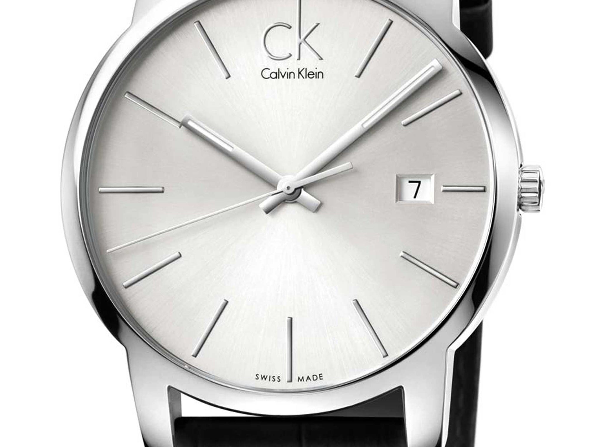 Calvin Klein City Date Silver Dial Black Leather Strap Watch for Men - K2G2G1C6 Watches Calvin Klein   