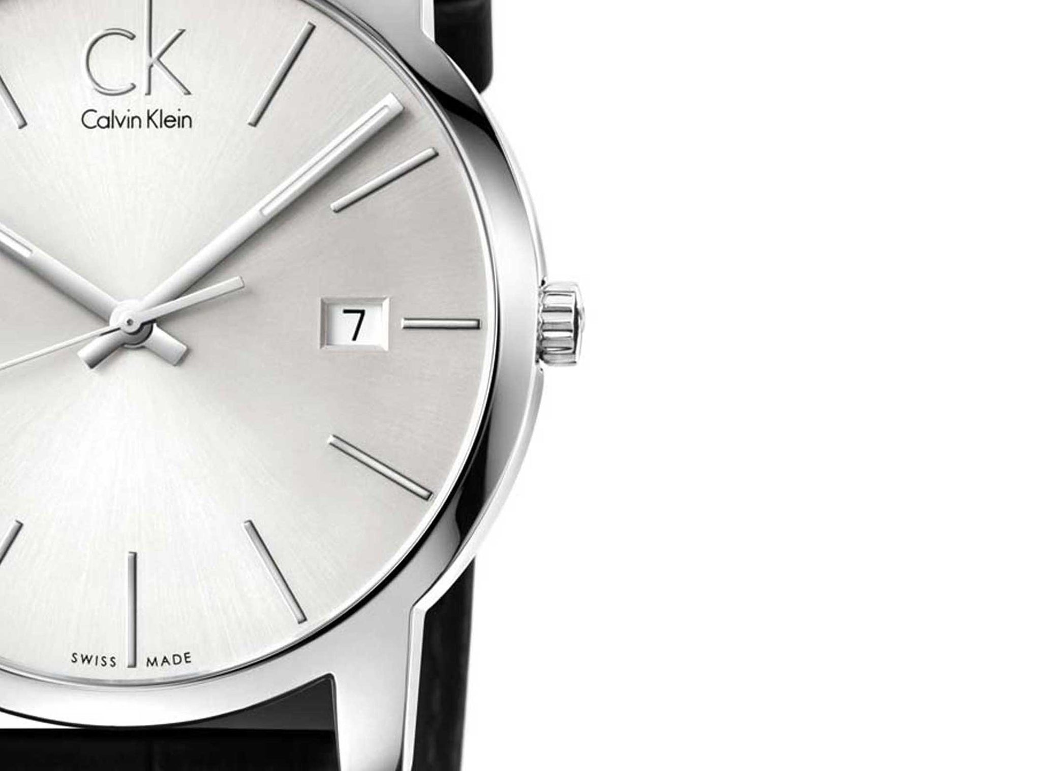 Calvin Klein City Date Silver Dial Black Leather Strap Watch for Men - K2G2G1C6 Watches Calvin Klein   