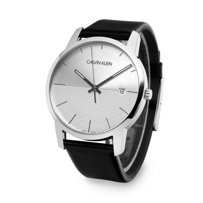 Calvin Klein City White Dial Black Leather Strap Watch for Men - K2G2G1CD Watches Calvin Klein   