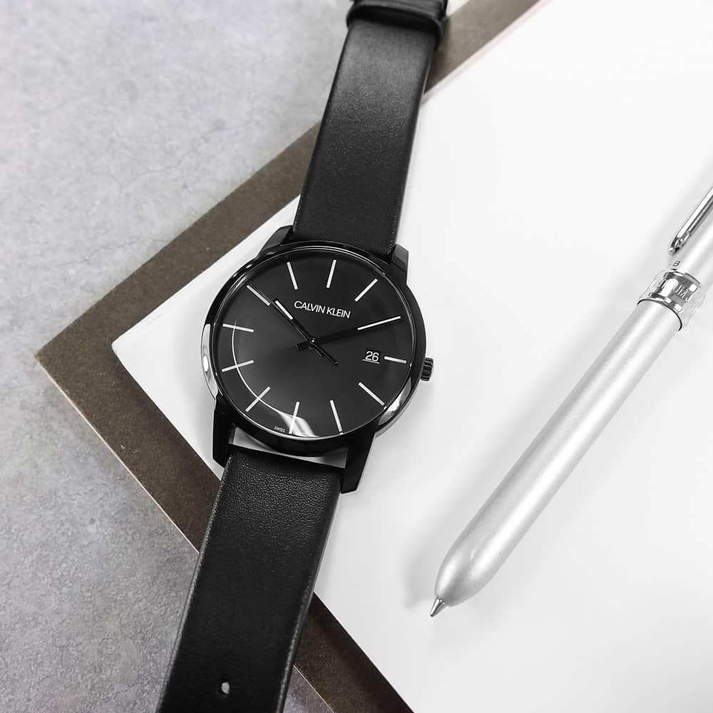 Calvin Klein City Quartz Black Dial Black Leather Strap Watch for Men - K2G2G4CX Watches Calvin Klein   