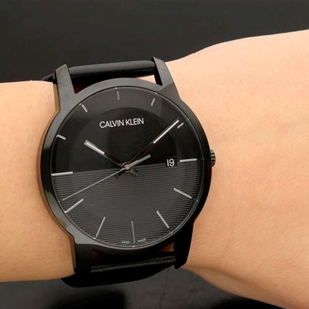 Calvin Klein City Quartz Black Dial Black Leather Strap Watch for Men - K2G2G4CX Watches Calvin Klein   