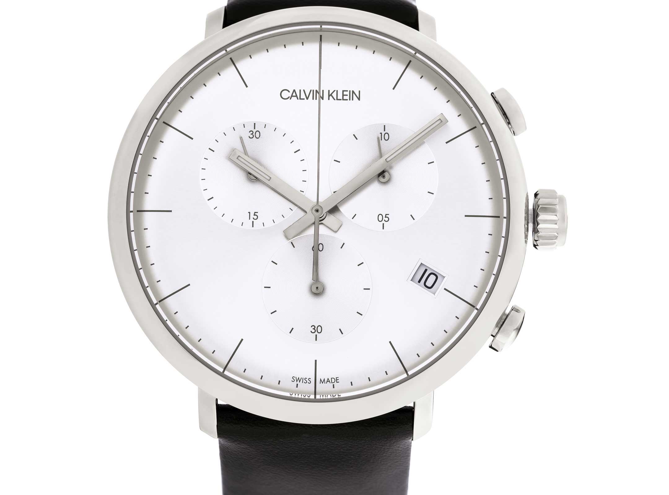 Calvin Klein High Noon Chronograph White Dial Black Leather Strap Watch for Men - K8M271C6 Watches Calvin Klein   