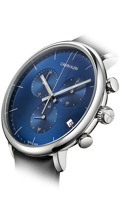 Calvin Klein High Noon Chronograph Blue Dial Black Leather Strap Watch for Men - K8M271CN Watches Calvin Klein   