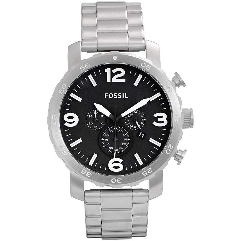 Fossil Nate Chronograph Black Dial Silver Steel Strap Watch for Men - JR1353 Watches Fossil   