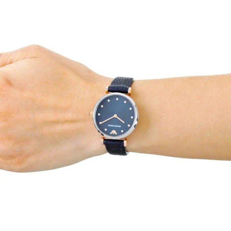 Emporio Armani Gianni T Bar Analog Blue Dial Black Leather Strap Watch For Women - AR1989 Watches Emporio Armani   