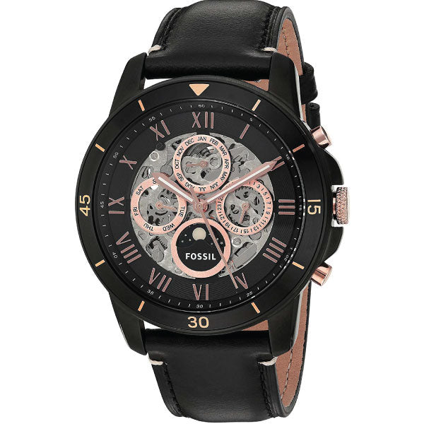 Fossil Grant Sport Automatic Skeleton Black Dial Black Leather Strap Watch for Men - ME3138 Watches Fossil   