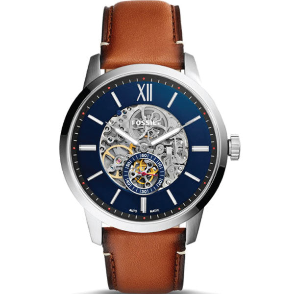 Fossil Townsman Automatic Skeleton Blue Dial Brown Leather Strap Watch for Men - ME3154 Watches Fossil   