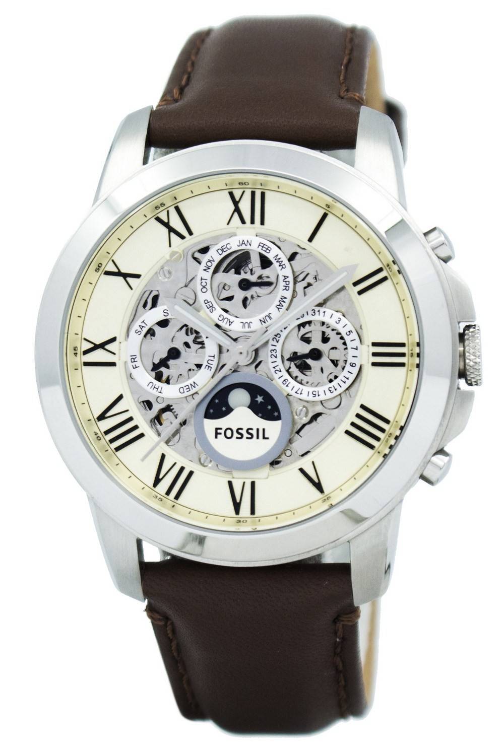 Fossil Grant Automatic White Dial Brown Leather Strap Watch for Men -  ME3027 Watches Fossil   