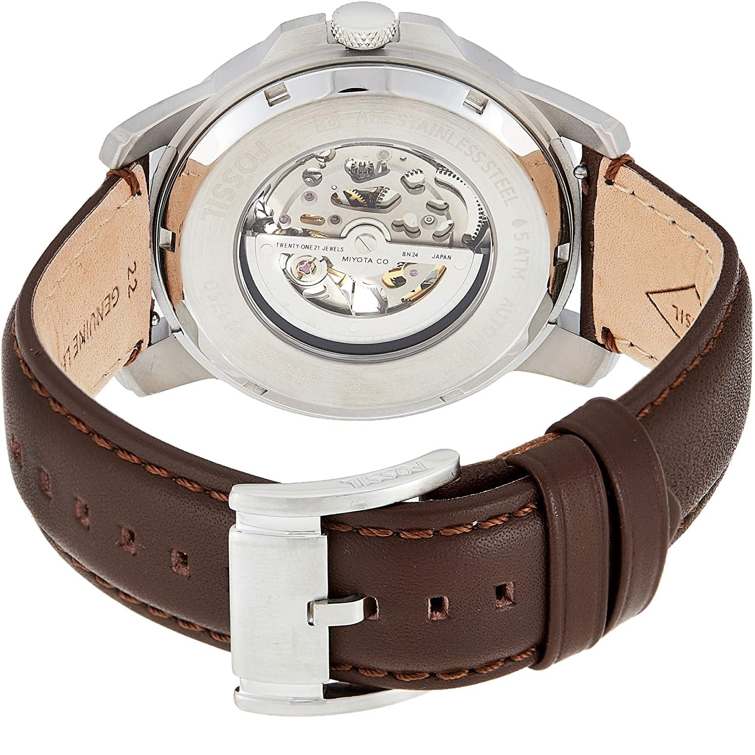 Fossil Grant Automatic White Dial Brown Leather Strap Watch for Men - ME3052 Watches Fossil   