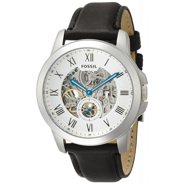 Fossil Grant Skeleton White Dial Black Leather Strap Watch for Men -  ME3053 Watches Fossil   