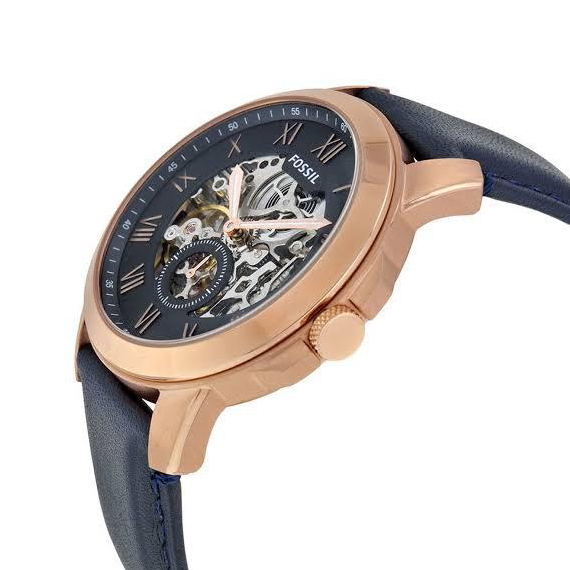 Fossil Grant Automatic Skeleton Navy Blue Dial Navy Blue Leather Strap Watch for Men - ME3102 Watches Fossil   