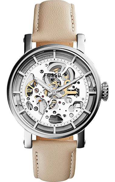 Fossil Boyfriend Automatic Skeleton Silver Dial White Leather Strap Watch for Women - ME3069 Watches Fossil   