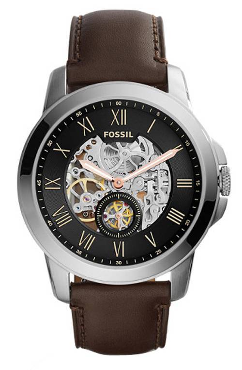 Fossil Grant Automatic Skeleton Black Dial Brown Leather Strap Watch for Men - ME3095 Watches Fossil   