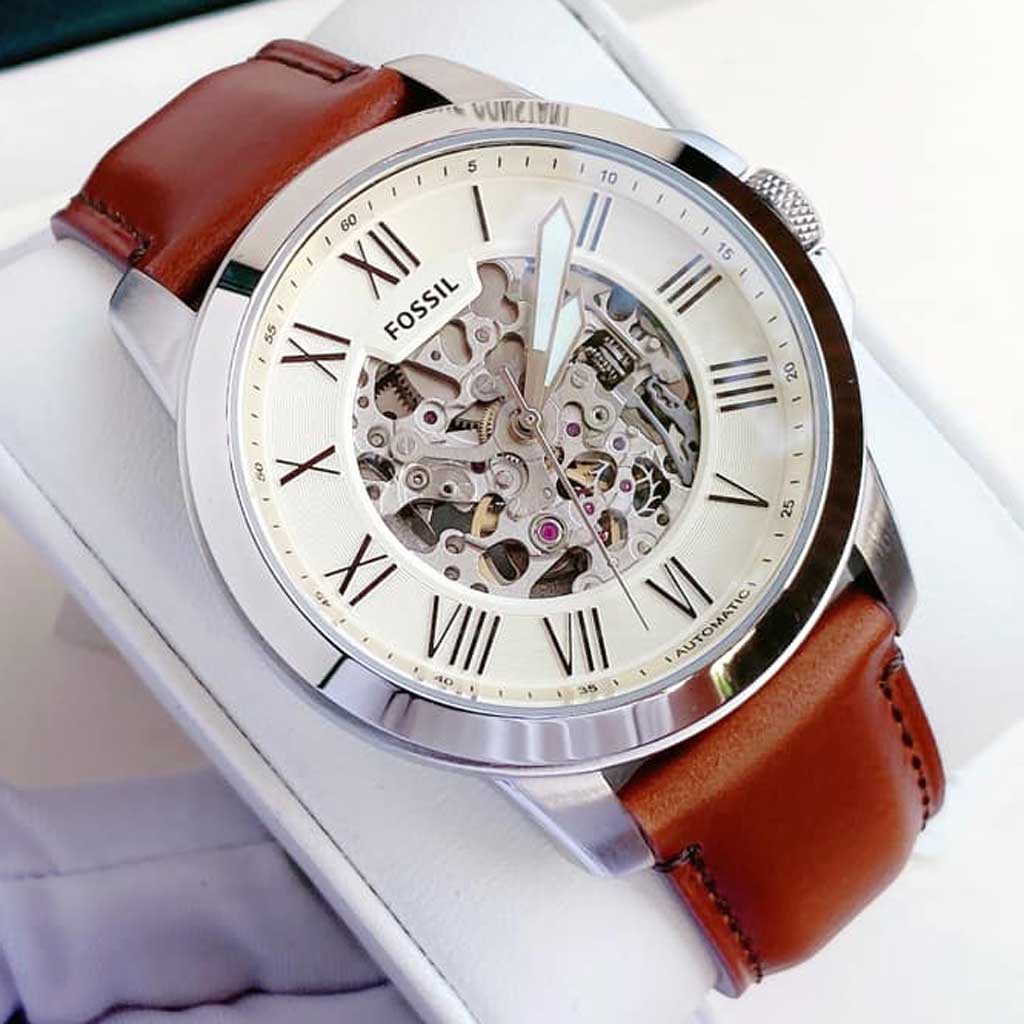 Fossil Grant Automatic Beige Skeleton Dial Brown Leather Strap Watch for Men - ME3099 Watches Fossil   