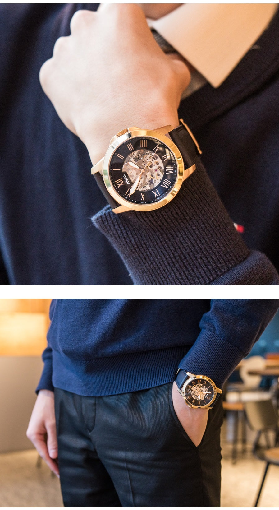 Fossil Grant Automatic Skeleton Navy Blue Dial Navy Blue Leather Strap Watch for Men - ME3102 Watches Fossil   