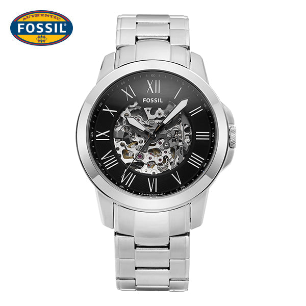 Fossil Grant Automatic Skeleton Black Dial Silver Steel Strap Watch for Men - ME3103 Watches Fossil   