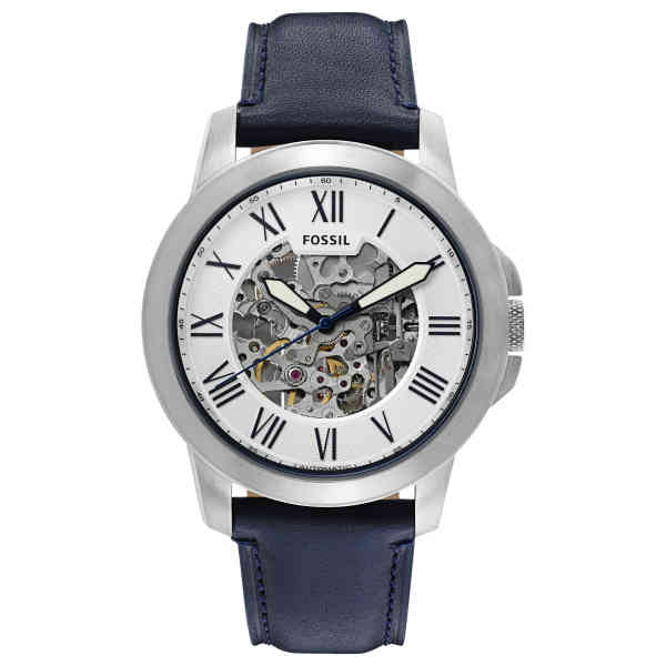 Fossil Grant Automatic Skeleton Silver Dial Blue Leather Strap Watch for Men - ME3111 Watches Fossil   